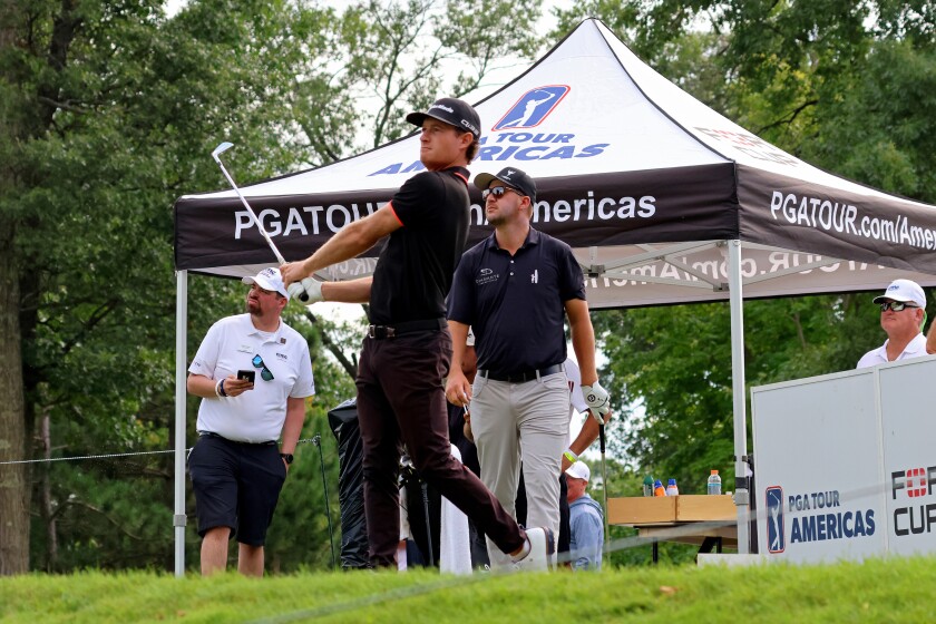 Golfer Drew Nesbitt tees off on Friday, Aug. 29, 2025, during the PGA Tour Americas CRMC Championship presented by Northern Pacific Center at Cragun's Legacy Courses.