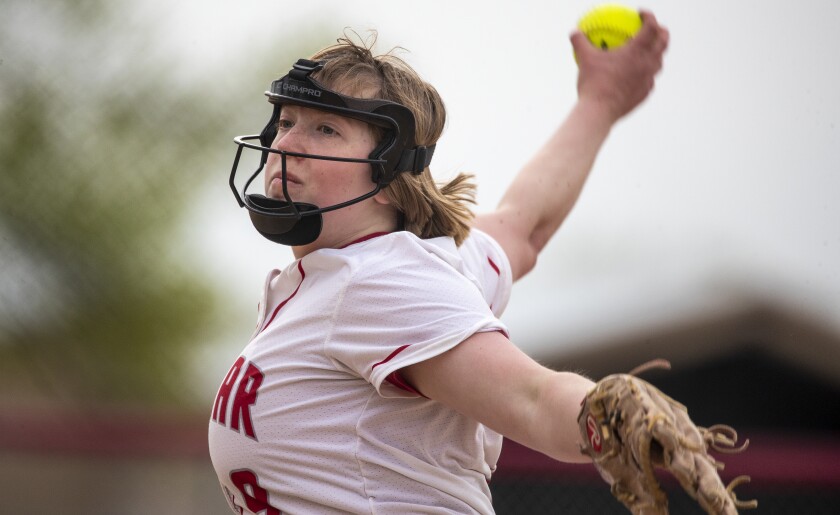 Cardinals junior Grace Bjur pitches as Willmar High School plays host to Sauk Rapids during a Section 8AAA playoff game in Willmar on Tuesday, May 24, 2022.