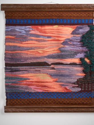 Phyllis Packard creates landscape tapestries, many of which include vibrant scenes of sunsets, sunrises and light reflecting off the surface of water beneath a cloudy sky.