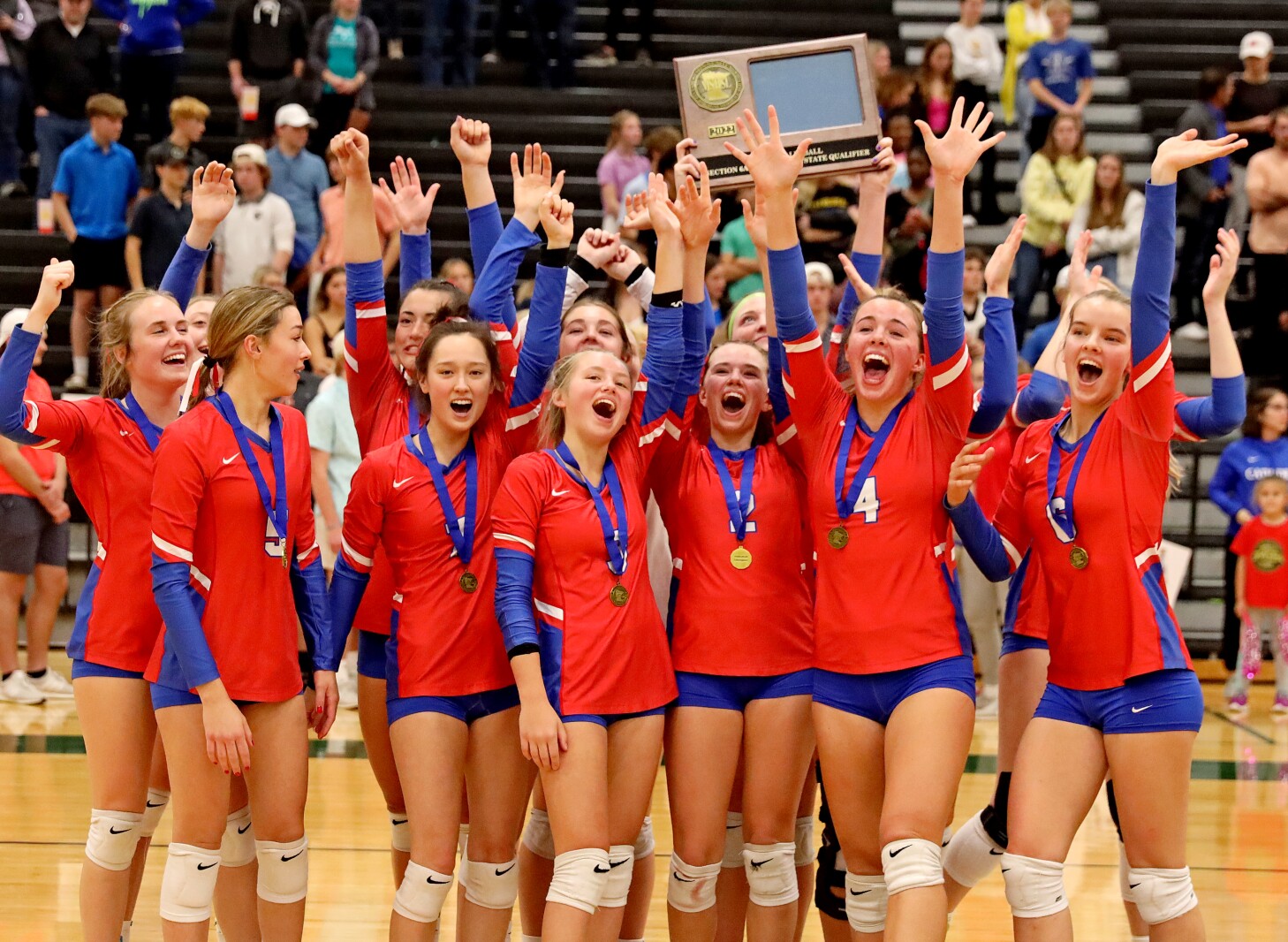 Pequot Lakes celebrates winning against St. Cloud Cathedral on Saturday, Nov. 5, 2022, during the Section 6-2A Final at Sauk Rapids.