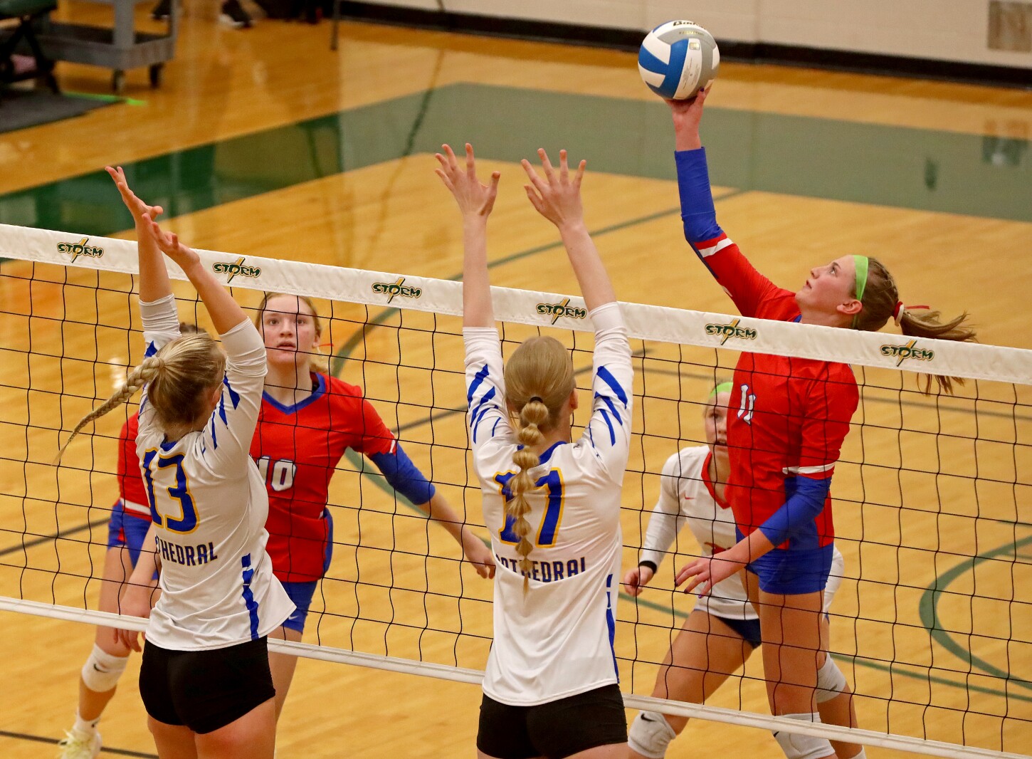 Pequot Lakes' Maci Martini hits the ball against St. Cloud Cathedral on Saturday, Nov. 5, 2022, during the Section 6-2A Final at Sauk Rapids.