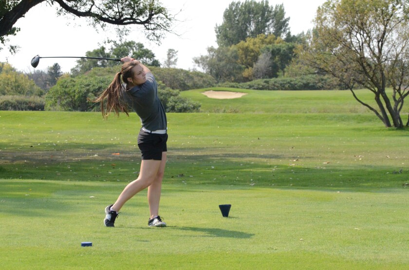 Freshman Dickinson State golfer Jace Steier shot a 174 earning her second place in the DSU Invitational at Heart River Golf Course Monday. (Shelby Reardon / The Dickinson Press)