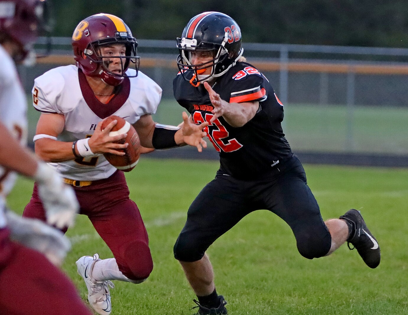 Pine River-Backus player rushes Bagley quarterback on Friday, Sept 9, 2022, in Pine River.