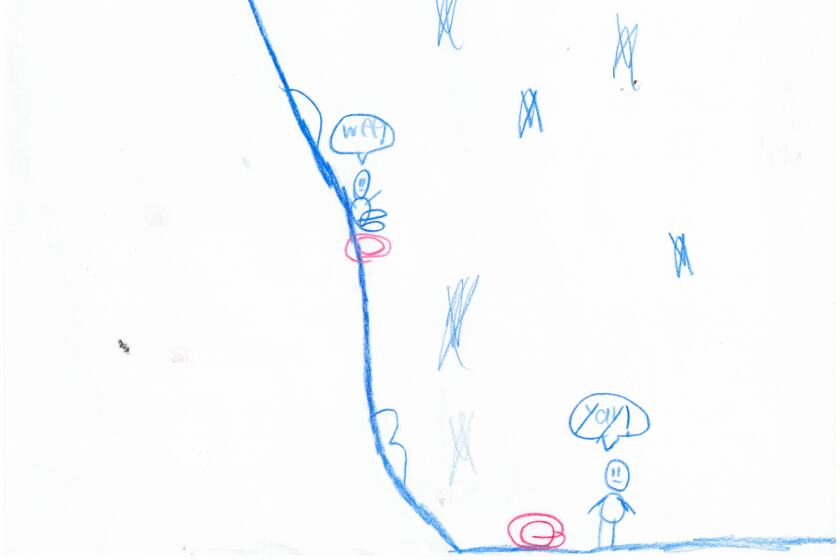 A drawing of people sledding down a hill.
