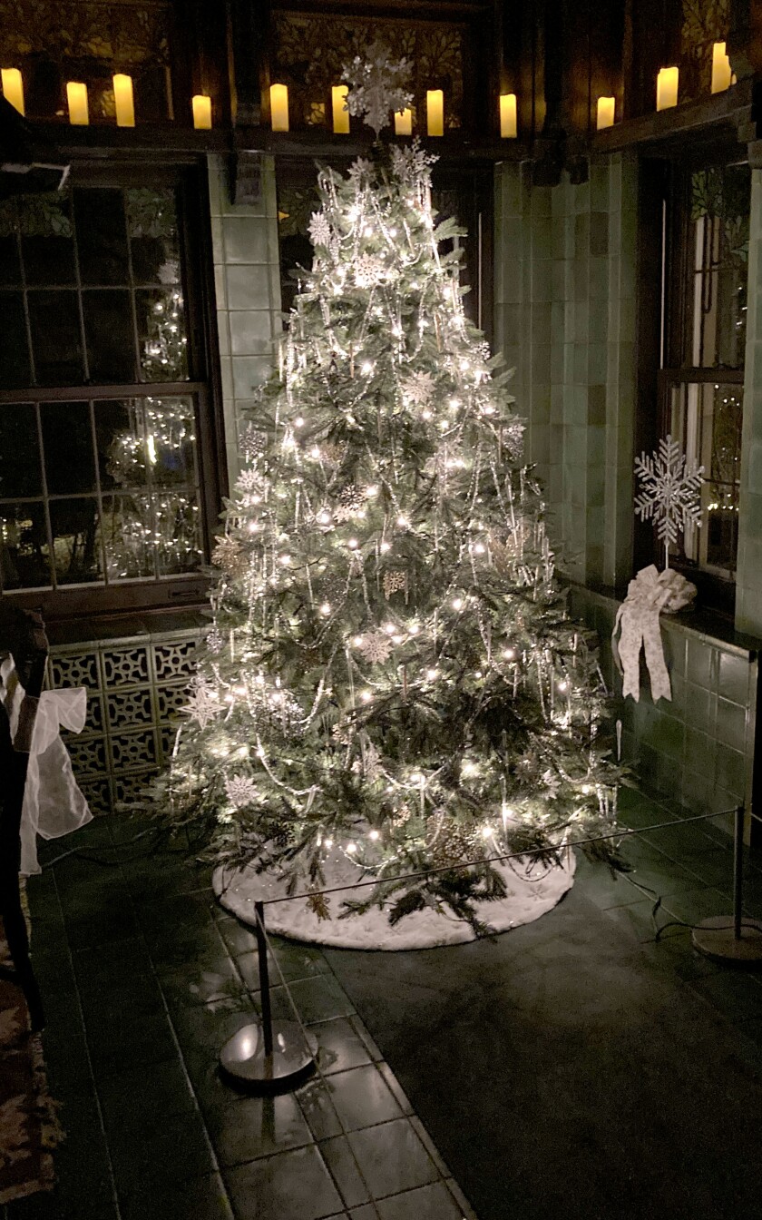 A decorated Christmas tree at Glensheen