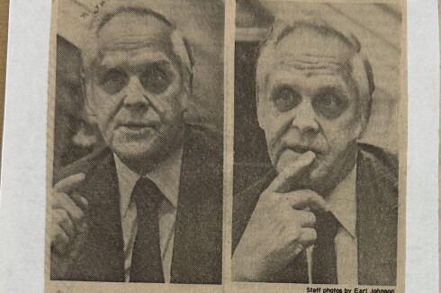 Two images of an older man speaking.