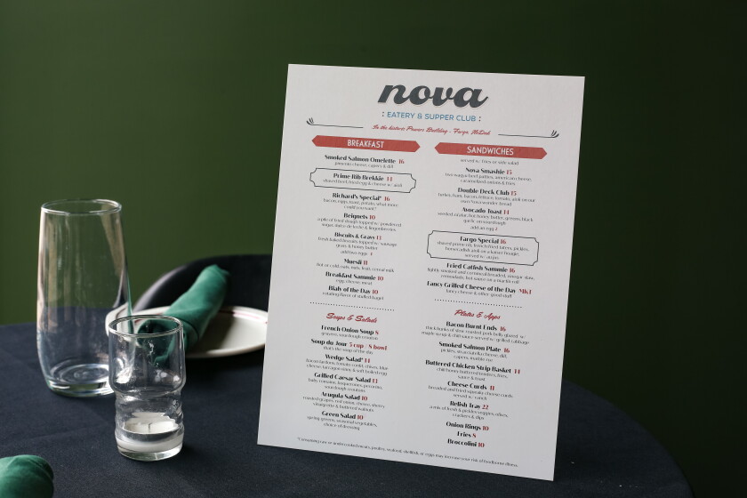 Nova Eatery and Supper Clubの朝食とランチメニュー。新しいレストランは、402ブロードウェイの旧ベルンバウムのレストランスポットにあります。