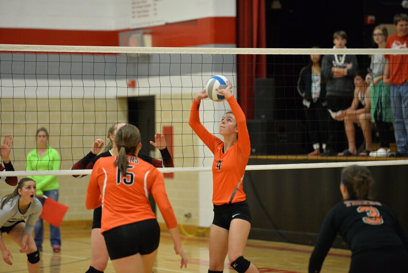 Morris/CA setter Karly Fehr, 4, sets a ball in the Tigers' regular season finale against West Central Conference foe BOLD. Jake Schultz / Tribune