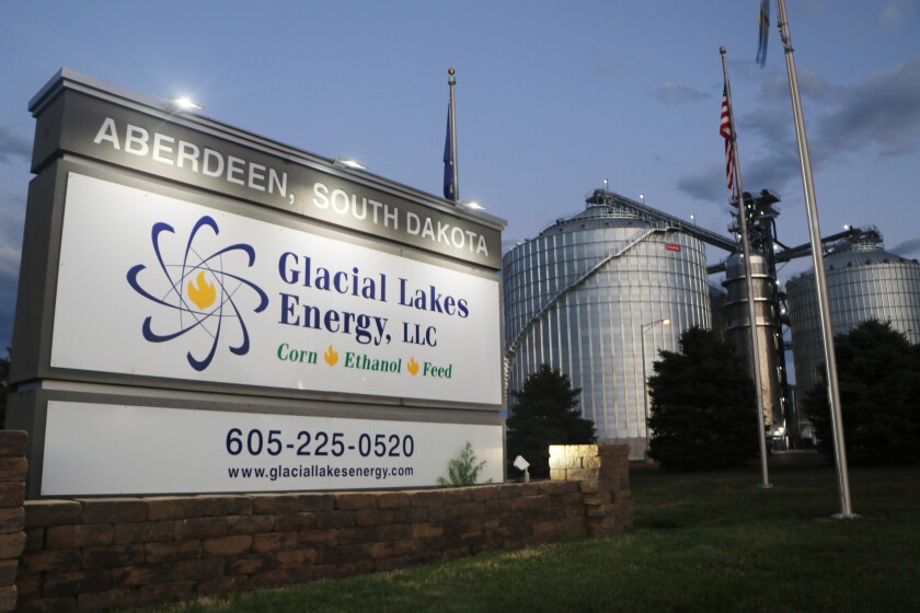 A Glacial Lakes Energy, LLC, ethanol production plant at Aberdeen, S.D., gleams at dusk.