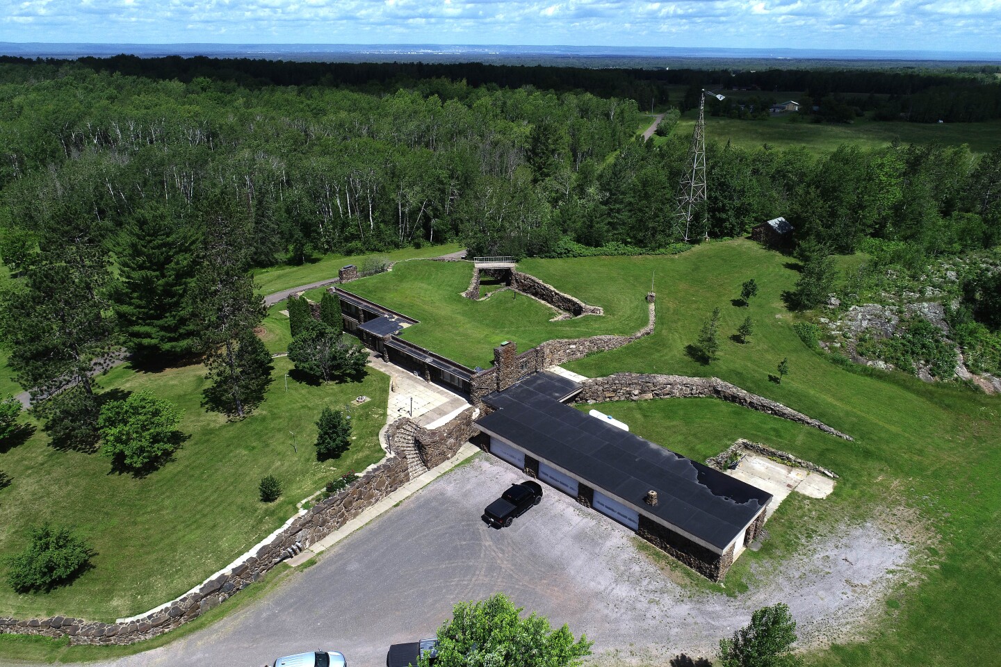 Aerial view of stone house