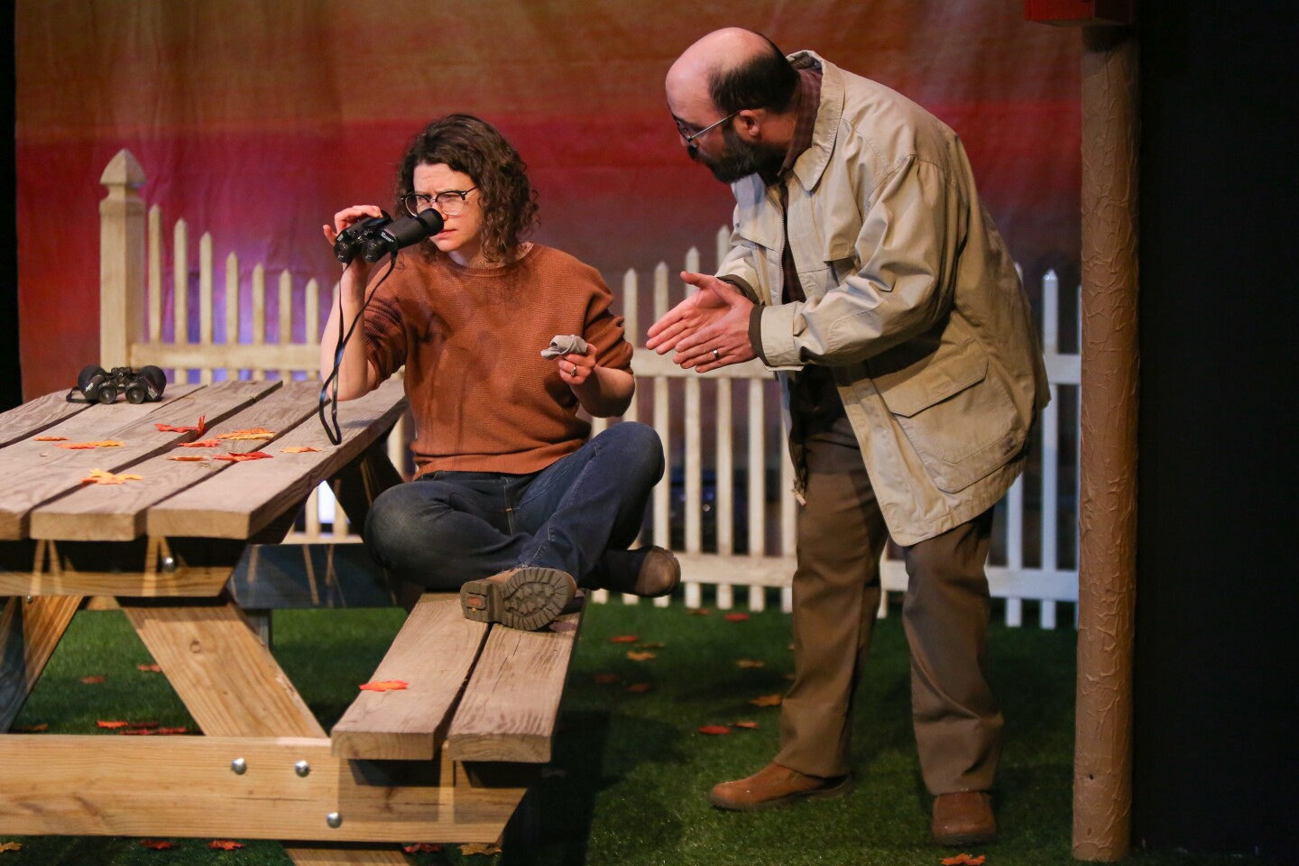 Theatre B ensemble members, Scott Ecker and Clare Lynch, rehearse a scene in Theatre B's production of the play
