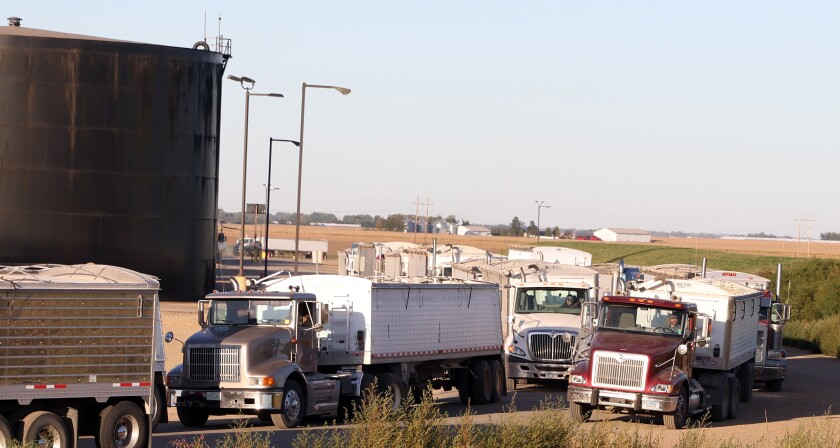 Drivers wait in line to drop off their beans at the Minnesota Soybean Processors crush and bio-diesel facility in Brewster.