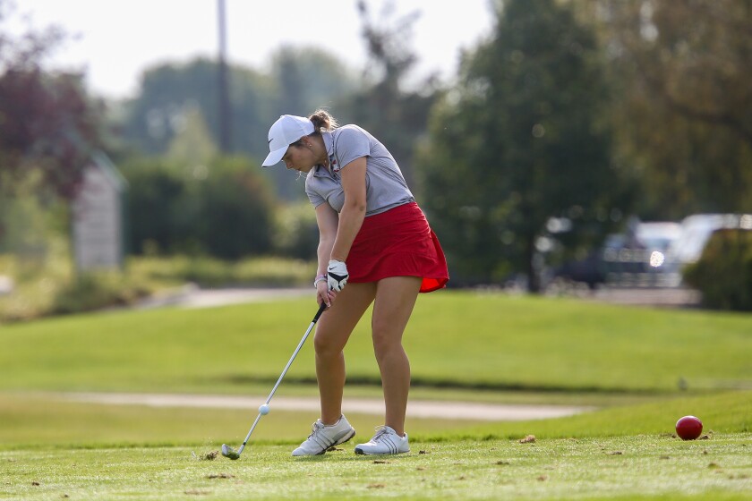 Grand Forks Red River golfer Alexis Fabian tees off on the 7th hole of the Girls Golf Invitational Tournament on Tuesday, Sept. 9, 2025, at Rose Creek Golf Course in south Fargo.