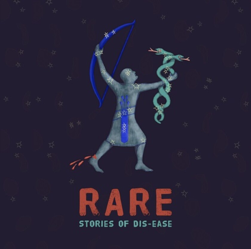 Promotional illustration for "RARE: Stories of Dis-Ease" featuring an archer with bleeding tendon, holding a staff of intertwined snakes.