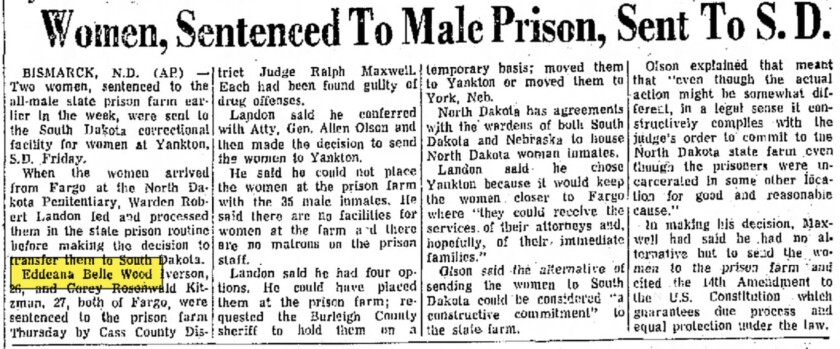 Eddeana Belle Wood Iverson sent to male prison in 19733. The Daily Plainsman March 25, 1973.jpg