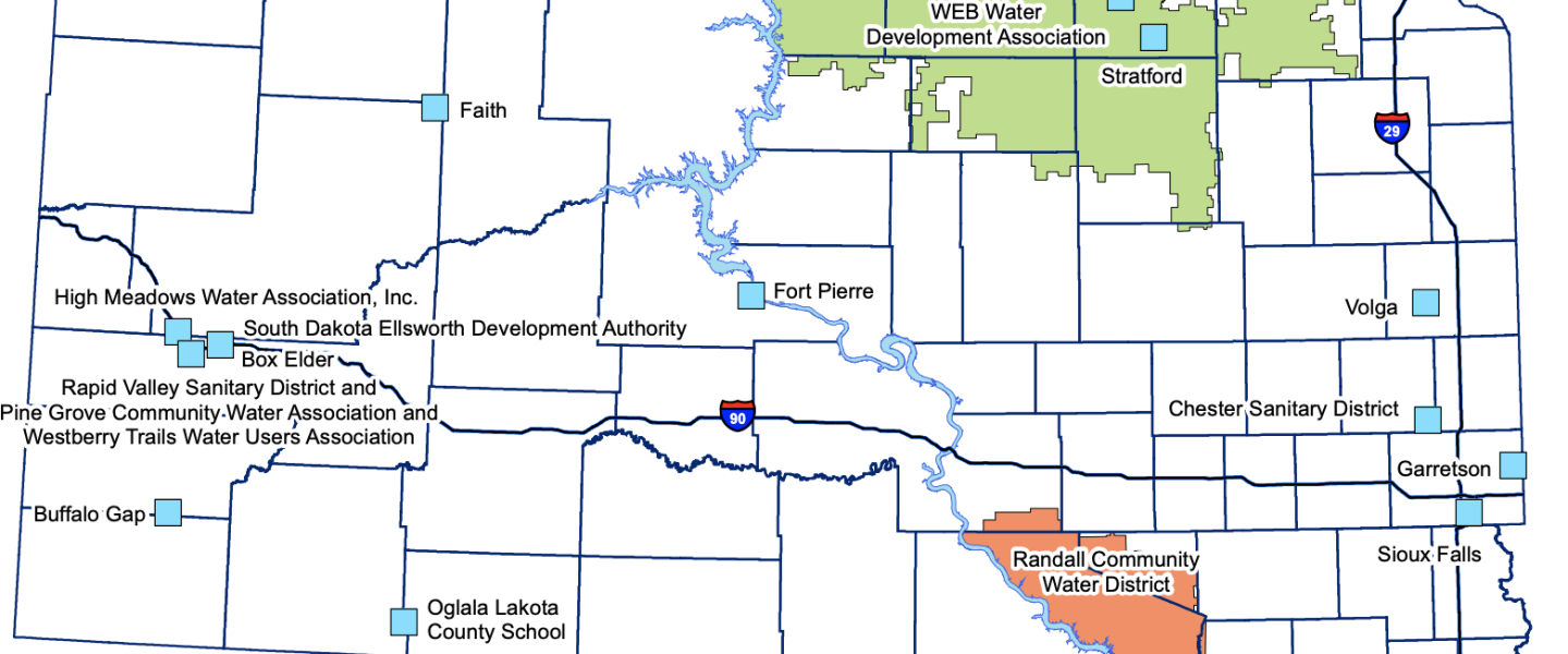 A map of South Dakota labelled with several water projects approved at the June Board of Water and Natural Resources meeting.