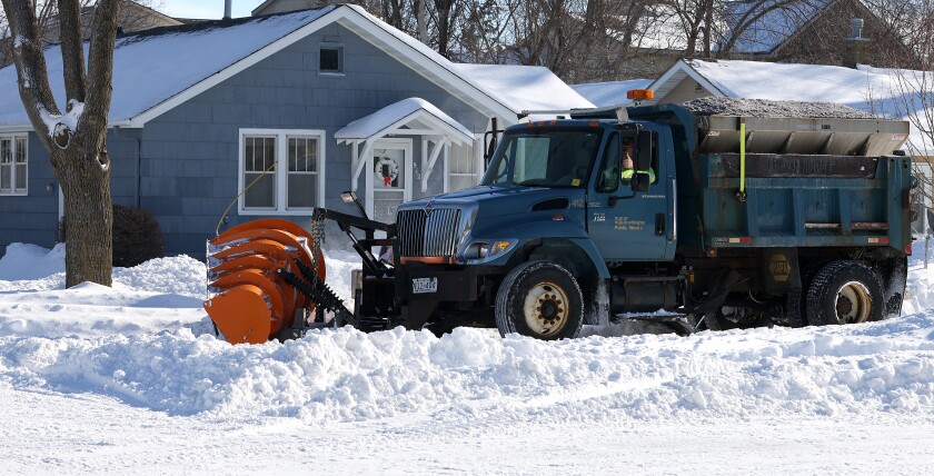 A Worthington Public Works snowplow works on Grand Avenue Thursday, Jan. 5, 2023.