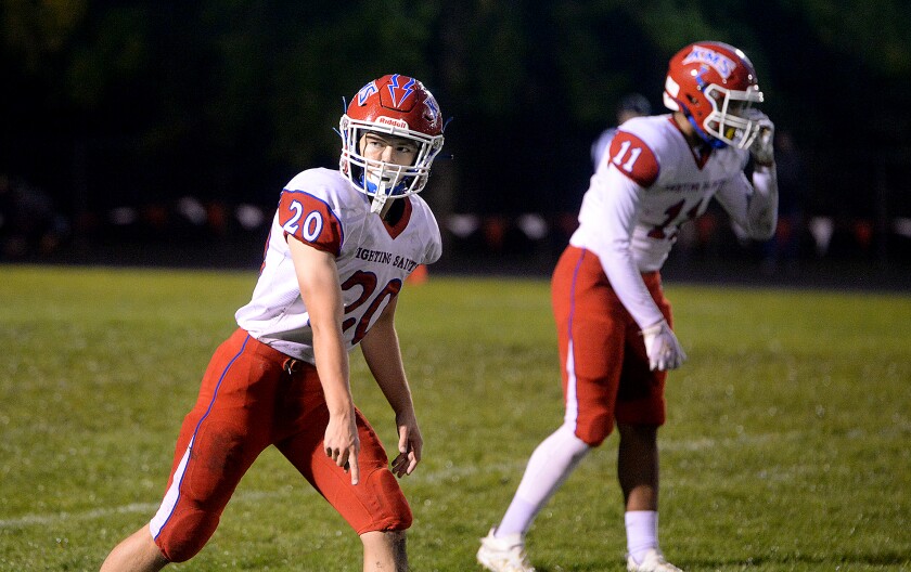 KMS sophomore Jett Olson, 20, and junior Malaki Lee line up wide during a Mid State 3 District game against BOLD on Friday, Sept. 23, 2022 at Olivia.