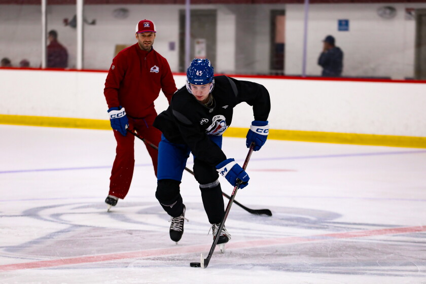 Teddy Lechner skates with the puck during the Colorado Avalanche's development camp Tuesday, June 30, 2026, at the Family Sports Center in Centennial, Colo.