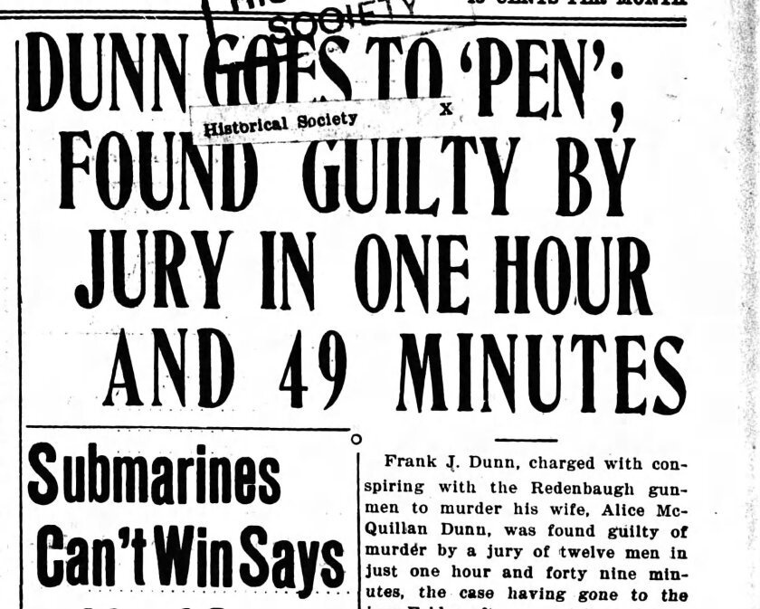 A clipping of a historical newspaper claim proclaims news of a guilty verdict in large type on a front page