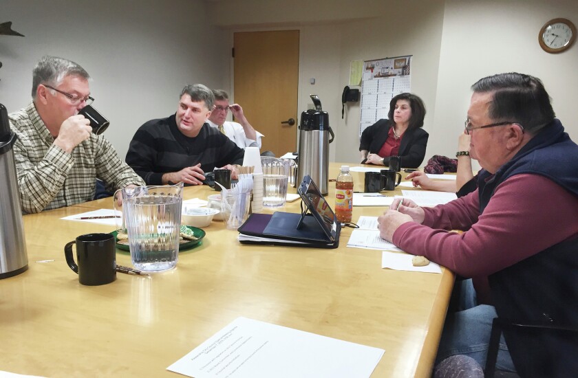 Alexandria City Council members meet with local legislators to go over the city's priorities for the upcoming session. Those attending included (left to right) Sen. Bill Ingebrigtsen, Sen. Torrey Westrom, council member Todd Jensen, Mayor Sara Carlson and council member Dave Benson. Council members Bobbie Osterberg and Bob Kuhlman were also there, along with City Administrator Marty Schultz. (Al Edenloff | Echo Press)