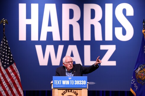 Bernie Sanders talks on stage.