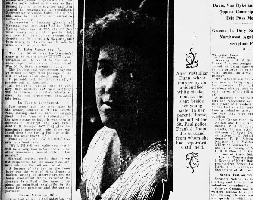 an image of a woman, from a black and white copy of a historical newspaper front page