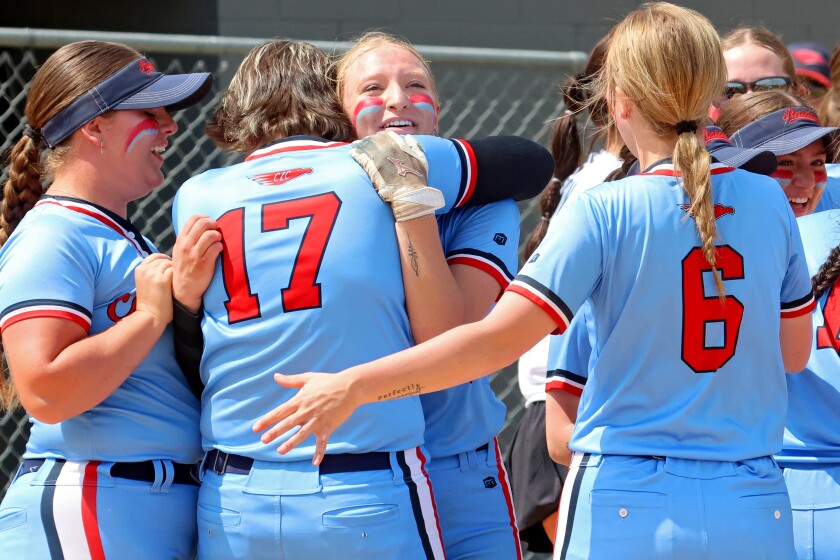 Softball players in the Central Lakes College react after they beat Minnesota West on Friday, May 9, 2025, in Brainerd.