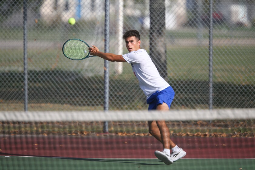 West Fargo Sheyenne tennis player Brandt Aslakson gets in position to return a shot in a match during the East Region Boys Individual Tournament on Friday, Oct. 3, 2025, at Horizon Middle School in south Fargo.