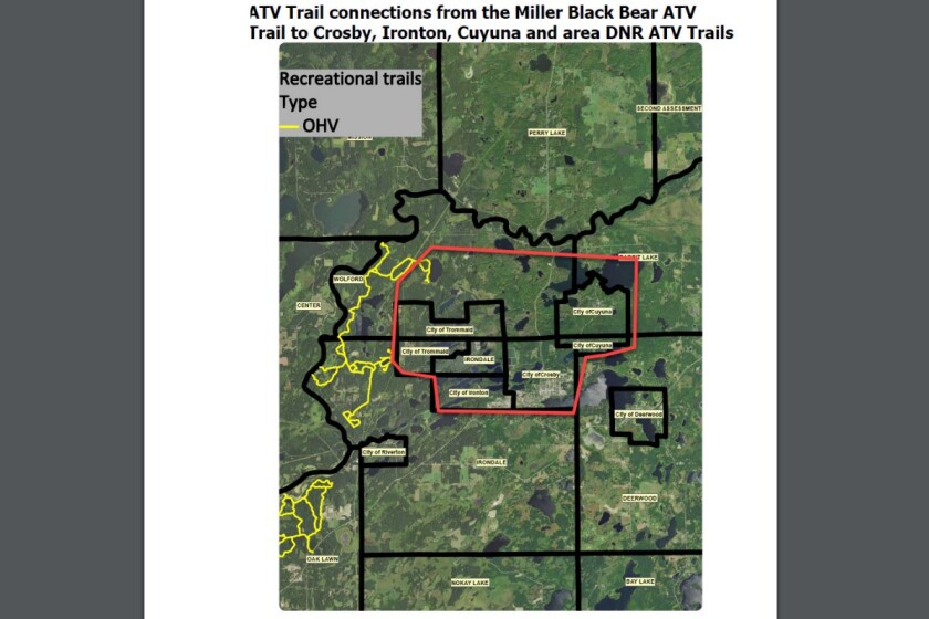 A map shows existing ATV trails and an area of proposed expansion in Crow Wing County.