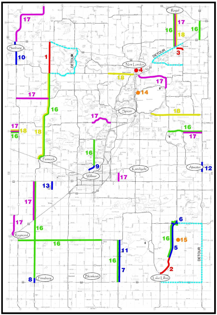 Map of the 2022 Kandiyohi County road projects.