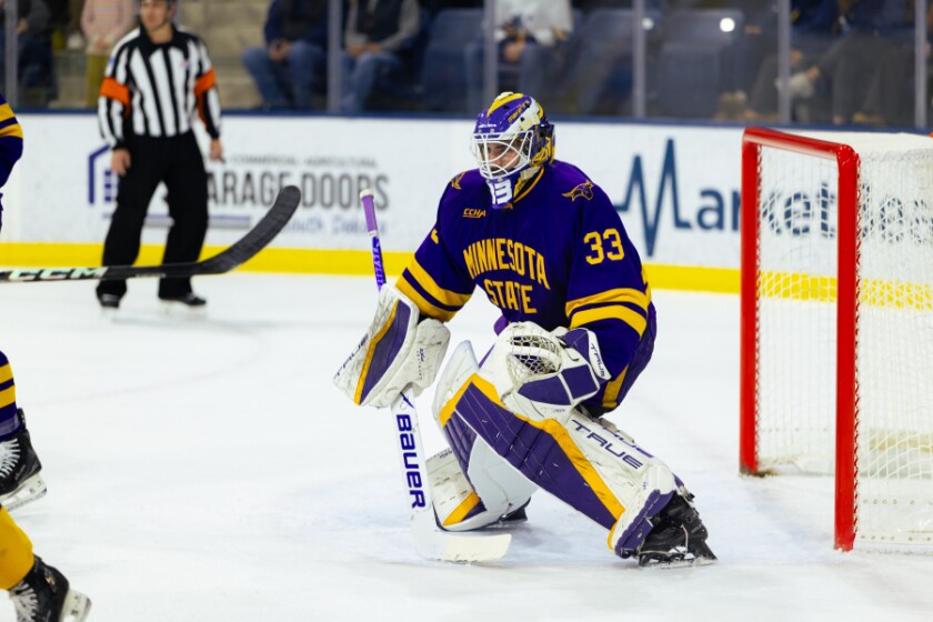 Minnesota State goalie Alex Tracy tracks the puck against Augustana on Friday, Dec. 12, 2025, at Midco Arena in Sioux Falls.
