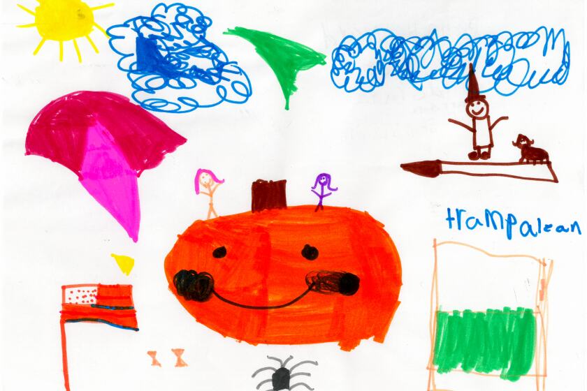 Drawing a a flag, a carved pumpkin, a witch on a broom, a trampoline and other items.