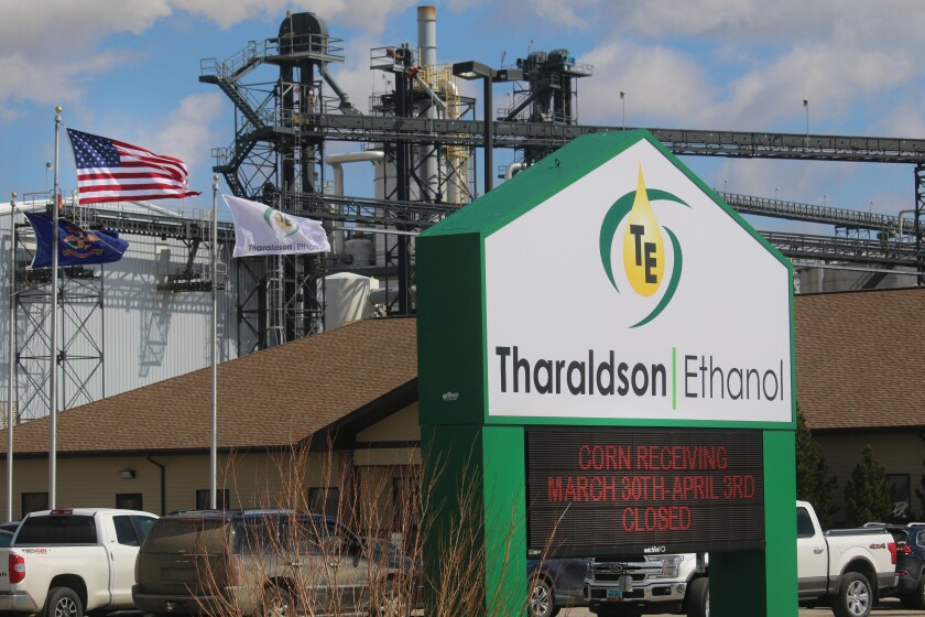 A Tharaldson Ethanol sign stands in front of the company ethanol manufacturing plant west of Casselton, N.D.