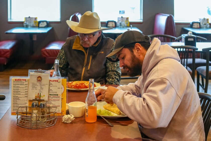 Russell Sagvold and his father, Randy Sagvold, stopoed for a bite at El Valle Taco Shop in Casselton on Monday, Nov. 17, 2025, on their way to Fort Ransom.