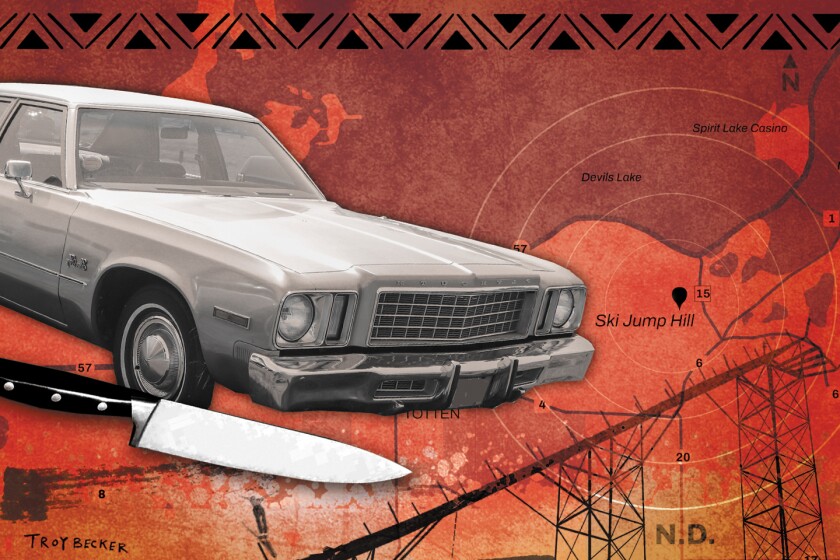 A photo illustration focuses on Ski Jump Hill, which is depicted with a pindrop and radar lines on a map. At left is a 1980s era sedan and a kitchen knife.