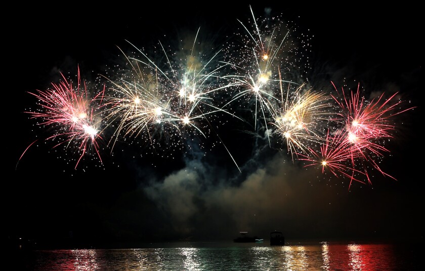 Boaters enjoy Independence Day fireworks from a pontoon on Lake Okabena Monday evening, July 4, 2022.