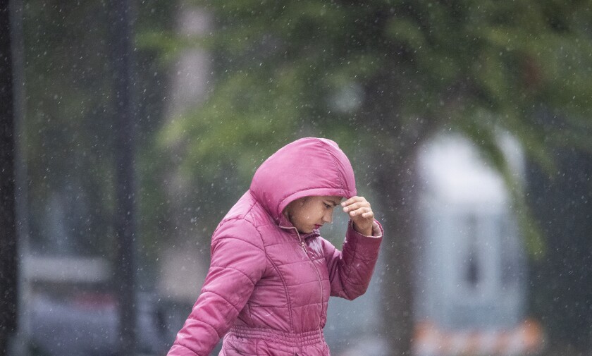 A pedestrian shields her face from heavy rains while walking along 1st Street South in downtown Willmar on Friday, August 19, 2022.