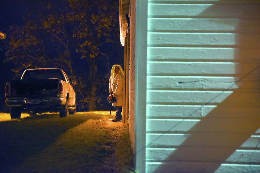 Briana Sanchez / TribuneGreg Allex, Willmar Nite Lion, waits for people to exit the Deegers Freak Show Sunday night. The haunted house was put on by the Willmar Noon and Nite Lions. Regular admission is $10. Admission is $8 with the donnation of a canned food item for the Willmar Area Food Shelf.
