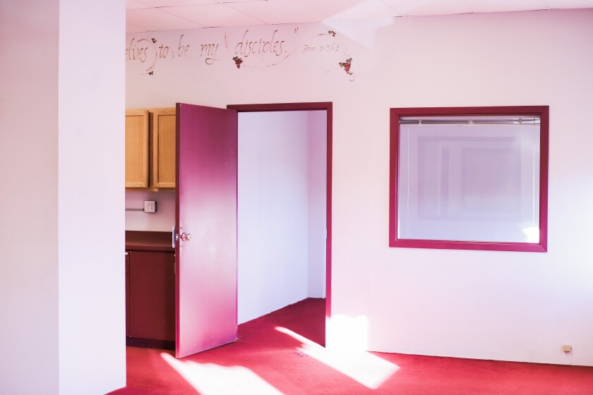 A room with bright pink carpets and trim.