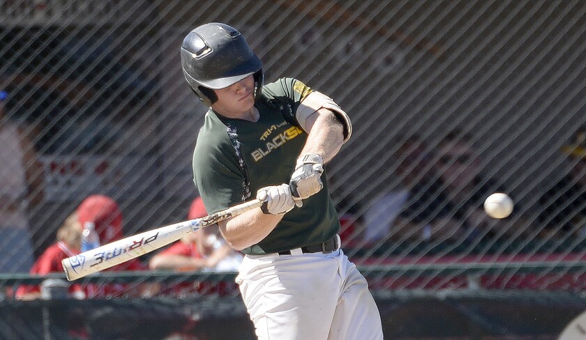Tri-Town's Connor Barker takes a swing at a pitch during the DII State American Legion Baseball quarterfinals against DGF on Friday, July 29, 2022 at Redbird Field in Luverne.