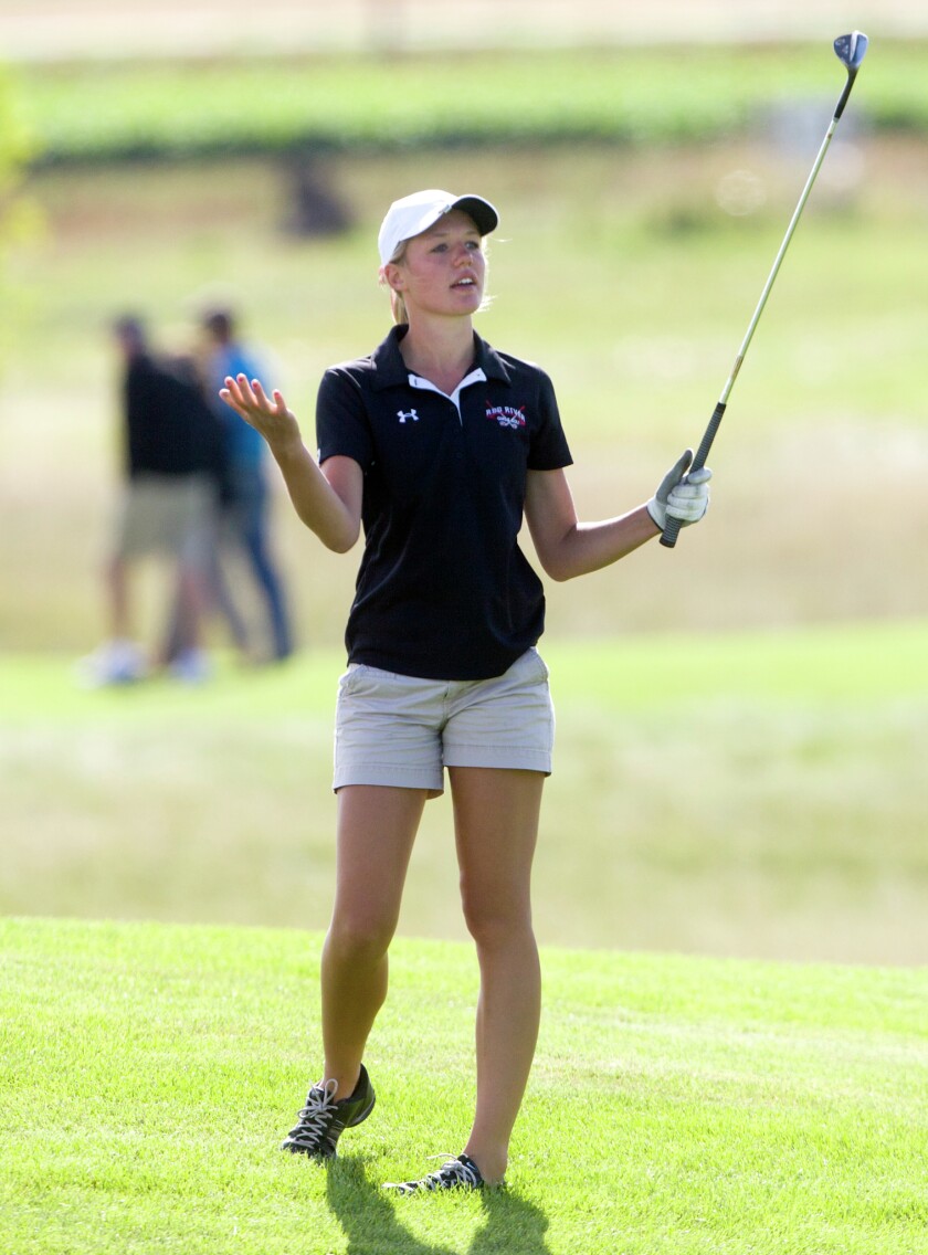 Red River's Casey DeBeltz reacts to a shot