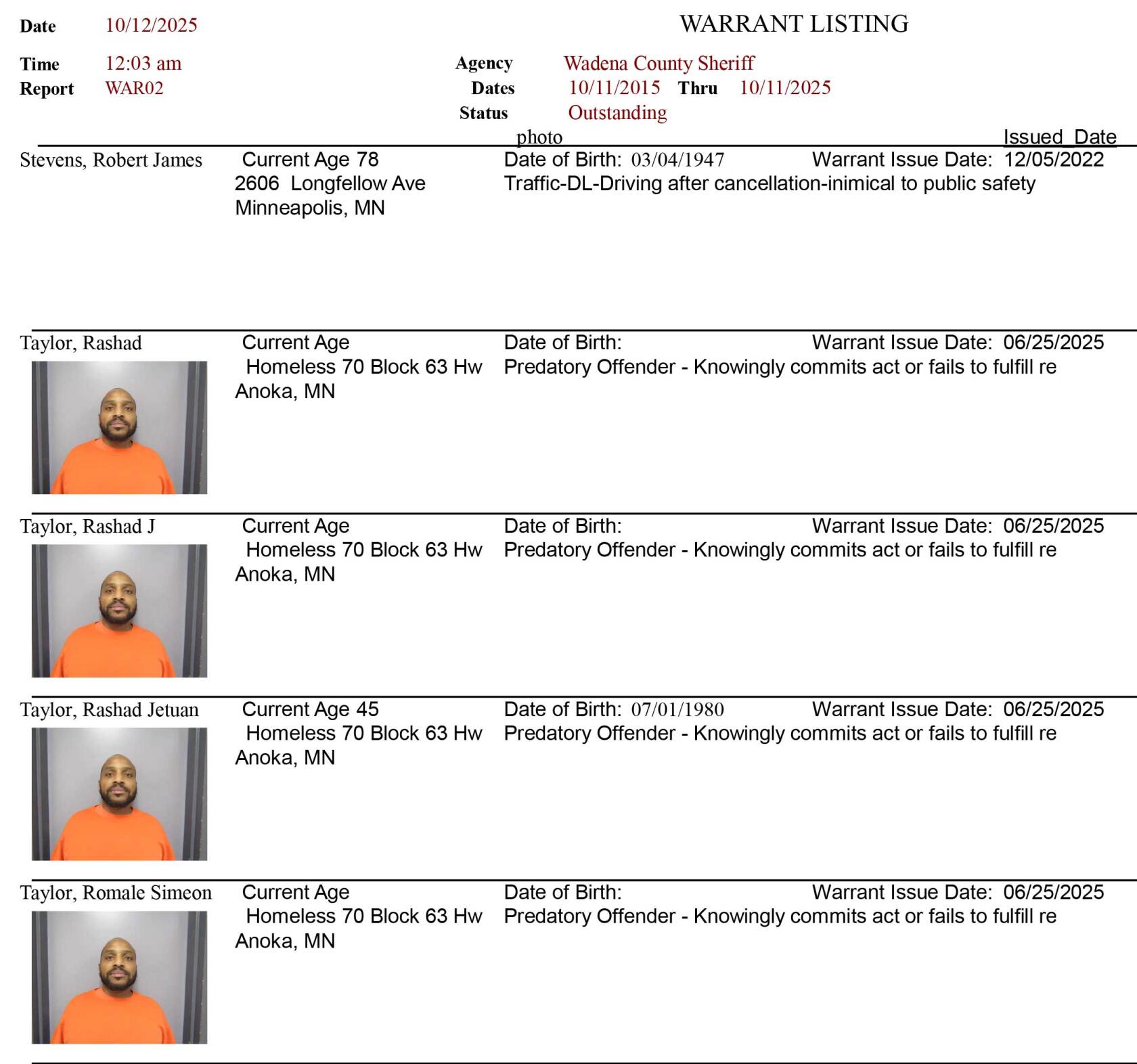 Wadena County Sheriff - Outstanding warrant list - Wadena Pioneer ...