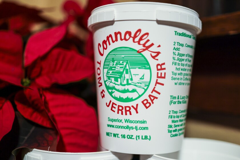 Red, white and green holiday Tom and Jerry beverage container