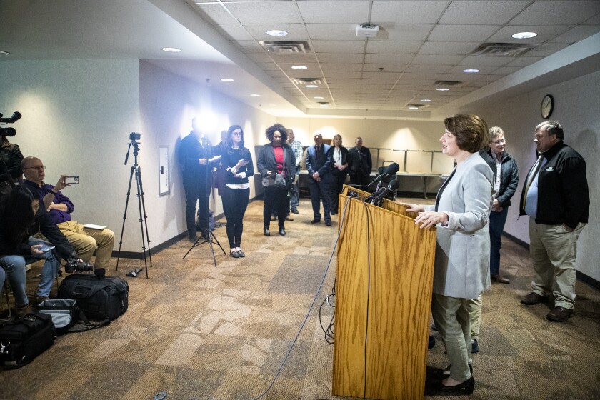 U.S. Senator Amy Klobuchar speaks about H5N1 Highly Pathogenic Avian Influenza (HPAI) in Minnesota Tuesday, April 19, 2022, at the Kandiyohi County Health & Human Services building.