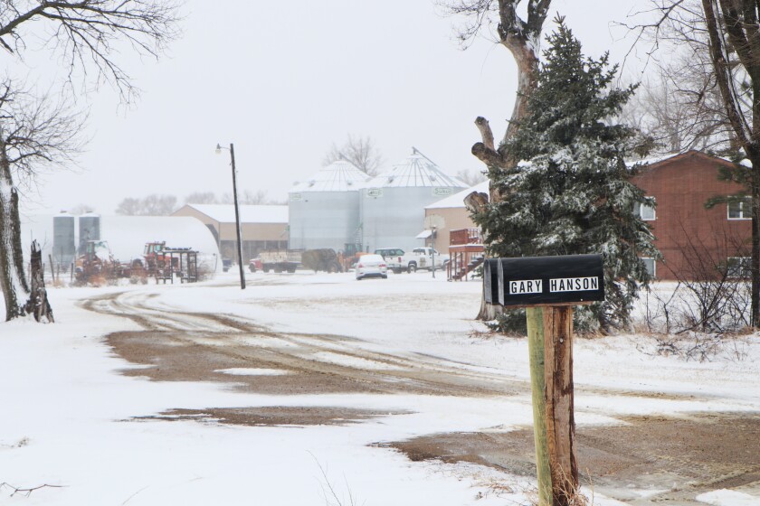 A mailbox with the name "Gary Hanson" stands at the entrance to a farmstead that has bins and cattle buildings, indicative of a farm that is diversified with livestock and corn and soybean production.