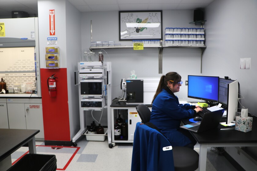 A woman sits at a terminal in a laboratory that innovates corn-based nutrition for aquaculture and agriculture.