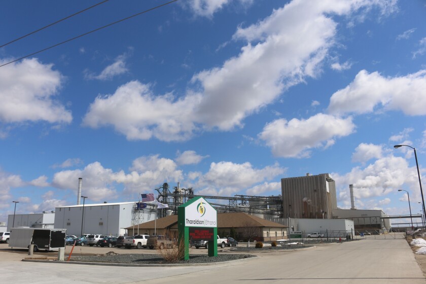 Billowy clouds in a bright blue sky flank the Tharaldson Ethanol plant in April 2020.