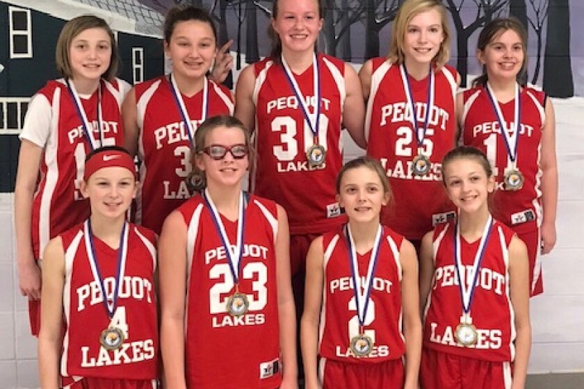 The Pequot Lakes sixth-grade girls basketball team placed first at the Little Falls Tournament on Saturday, Feb. 9. They followed that performance with another second-place finish at the 2019 Paul Bunyan Classic on Saturday, Feb. 16. Front row, from left: Carlie Eggert, Reese Laposky, Audrey Jobe and Morgan Dotty. Back row: Genevieve Birkeland, Madison Wendt, Cassidy Wick, Asya Fischer and Isabelle Ziesemer.