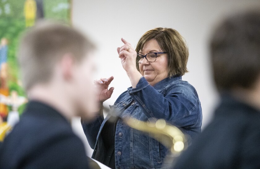 KMS director of bands Pam Diem directs the KMS Jazz Ensemble at the Willmar Community Center on Wednesday, March 30, 2022.
